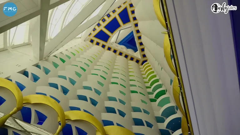 Вид снизу вверх на массивный атриум Burj Al Arab с разноцветными ярусными балконами синего, зеленого и желтого цветов.