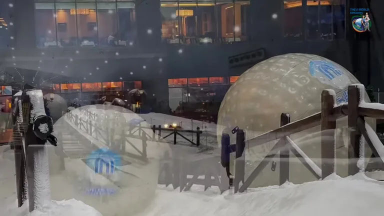 Два шара для зорбинга на заснеженном склоне Ski Dubai на фоне стеклянных витрин торгового центра.