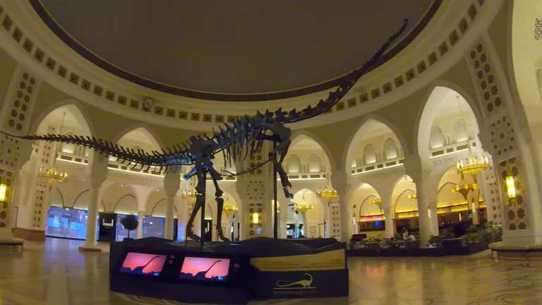 Огромный скелет динозавра, выставленный в просторном зале с арками на территории торгового центра Dubai Mall.
